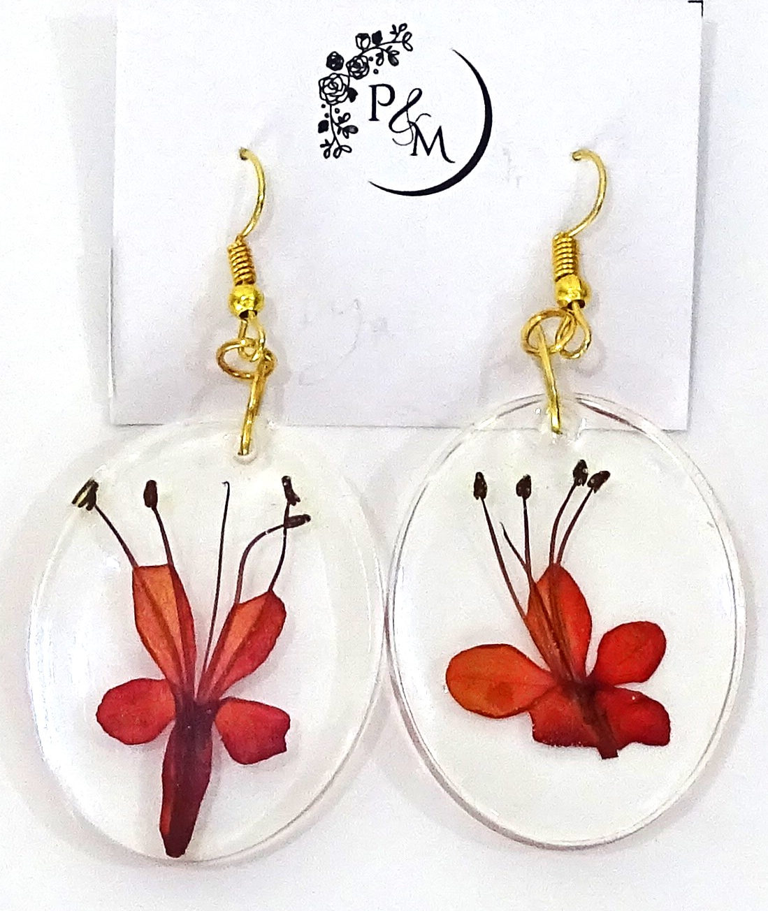 Earrings with preserved "Flaming Glorybowar" flower